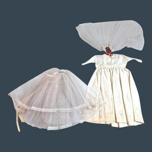 Vintage Antique Detailed Christening Gown & Bonnet Set For Baby Girls White